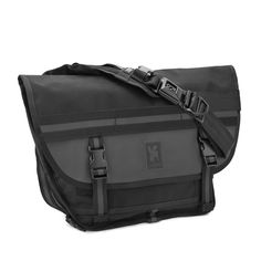 a black and grey messenger bag on a white background