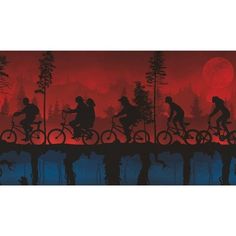 the silhouettes of people riding their bikes in front of a red sky with trees