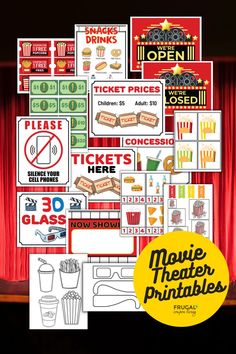 the movie theater printables are displayed in front of a red curtain and stage