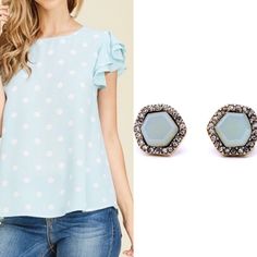 Our powder blue studs complete this look! Pair them with our polka dot ruffled top and slacks or a skirt for a great work outfit. Shop now! Ruffled Top, Powder Blue