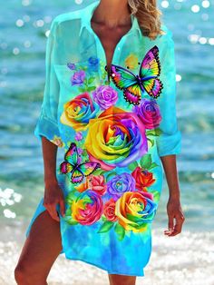 Butterfly Floral Long Sleeve Beach Shirt Dress – Wonder closets Multicolor V-neck Beach Dress With Floral Print, Colorful Printed Beach Dress, Colorful Short Sleeve Dresses For Beach Season, Casual Multicolor Tropical Beach Dress, Colorful Spring Dresses For Beach Party, Multicolor Long Sleeve Vacation Dresses, Multicolor Casual Tunic Beach Dress, Long-sleeved Floral Beach Dress, Multicolor Tunic Beach Dress For Vacation