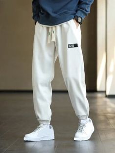 Men Letter Graphic Drawstring Waist Pants | SHEIN USA Casual White Joggers With Drawstring, White Cotton Joggers With Drawstring, White Drawstring Joggers Sportswear, White Drawstring Sportswear Joggers, White Drawstring Joggers For Sports, White Drawstring Bottoms For Winter, White Drawstring Pants For Winter, White Drawstring Winter Pants, Men Sweatpants