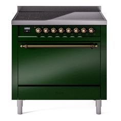 a green stove top oven with two burners and one door on the front side