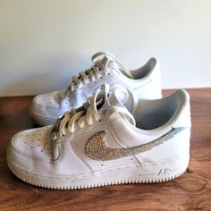 Customized White Nike Af1's With Rhinestone Swooshes On The Outer Side Only Worn A Handful Of Times. White Nike, Shoes Nike, White Nikes, Womens Shoes Sneakers, Nike Shoes, Nike Women, Shoes Sneakers, Color White, Women Shoes