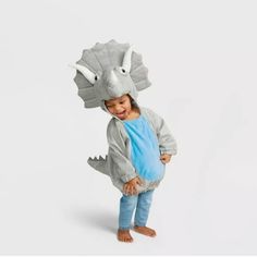 a little boy wearing a dinosaur costume