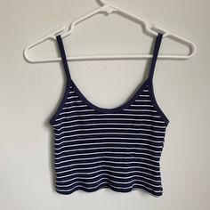 Never Worn, In Perfect Condition. Cropped With Blue And White Stripes. Super Soft And Comfy. Fits S/Xs Navy Casual Crop Top For Summer, Casual Blue Cami Crop Top, Navy Fitted Summer Top, Tops Brandy Melville, Brandy Melville Tops, Striped Tank Top, Striped Tank, Comfy Fits, Brandy Melville