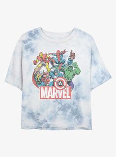 Please Note: wash pattern may varyLightweight 100% combed ring spun cottonWash cold; dry lowImportedListed in women sizes Ant Man Avengers, Crop Graphic Tee, Avengers Team, Tie Dye Girl, Marvel Logo, Cropped Graphic Tees, Moda Retro, Tie Dye Crop Top, Retro Comic