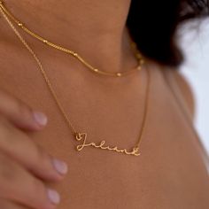 Mon Petit Name Necklace - Gold Plated - Oak & Luna Classic Gold Name Necklace With Delicate Chain, Everyday Gold Name Necklace, Gold Name Necklace For Everyday Wear, Delicate Pendant Name Necklace, Elegant Personalized Gift Name Necklace With Delicate Chain, Classic Gold Name Necklace For Everyday, Elegant Everyday Engraved Name Necklace, Delicate Engraved Gold Name Necklace, Elegant Everyday Tarnish Resistant Name Necklace