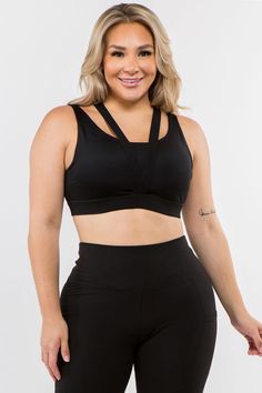 This utilitarian style is sporty, edgy and super flattering featuring a stretchy bandage style straps that create an x back design. Strappy Stretch Activewear With Adjustable Straps, Sporty Stretch Strappy Activewear, Compressive Strappy Activewear With Straps, Compressive Strappy Activewear, Stretch Strappy Sports Bra, Sporty Solid Color Strappy Activewear, Strappy Activewear With Built-in Bra And Stretch, Stretch Activewear With Built-in Bra And Strappy Design, Stretch Sports Bra With Straps