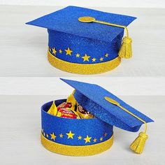 two pictures of a blue graduation cap with gold stars on it and candy in the bottom