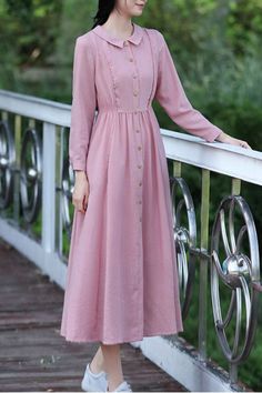 Casual Pink A-line Maxi Dress, Pink A-line Casual Maxi Dress, Feminine Linen Beach Dress, Casual Pink Linen Maxi Dress, Pink A-line Maxi Dress, Feminine Pink Linen Summer Dress, Modest Pink Midi Dress, Pink Linen Maxi Dress For Summer, Pink Linen Midi Dress For Spring