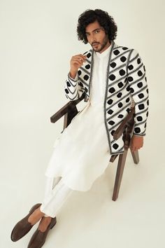 White jacket highlighted with resham embroidered stripe and dot motifs. Comes with inner kurta and pant. - Aza Fashions Kurta Set Men, Mandarin Collar Jacket, Men Kurta, Suiting Fabric, Cocktail Reception, Collar Jacket, Embroidered Jacket, White Jacket, Kurta Set