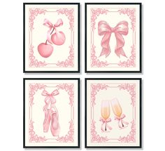 four framed pictures with pink bows and wine glasses