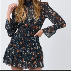 New With Tags Spring Black Floral Dress With Ruffles, Chic Floral Print Mini Dress For Fall, Black Long Sleeve Mini Dress With Floral Print, Black Floral Print Dress For Fall, Spring Black Dresses For Brunch, Fitted Floral Dress With Ruffles For Fall, Black Floral Dress For Spring Party, Spring Black Floral Party Dress, Black Dresses For Spring Brunch