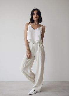 Classic wide-leg linen pants - relaxed fit, pleated. ✈ free worldwide shipping It is comfortable trousers, both fashionable and casual. Handmade linen pants are a must-have for your summer, perfect for a day of meetings or outdoor activities. Linen makes the best micro-climate of the skin, is breathable, and absorbs moisture and perspiration. ■ color: light beige available in blue ■ material: 100% linen ■style: - wide leg - high waist -pleated -side pockets - zipper fly - elastic waistband in ba Versatile Linen Wide Leg Summer Pants, Versatile Summer Linen Wide Leg Pants, Ankle-length Linen Wide Leg Pants, White Linen Wide Leg Harem Pants, Chic Linen Wide Leg Pants With Loosely Fitted Hips, Chic Flax Trousers, Versatile Beige Linen Wide Leg Pants, Linen Wide-leg Pants, Wide-leg Linen Pants