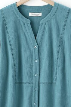 Light and airy, our pure crinkled cotton Big Shirt is framed by openwork at the bodice and across the back yoke. Notched V-neck with button front. Imported. | Women's Crinkle Cotton Openwork Big Shirt Top - Bright Turquoise - XS Japan Clothing, Casual Cotton Top, Gents Kurta Design, Gents Kurta, Crinkle Cotton, Japan Outfit, Big Shirt, Bright Turquoise, India Ink