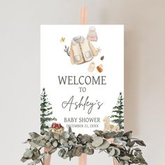 a welcome sign for a baby shower is displayed on a wooden easel with greenery