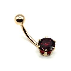 "14K Yellow or White Gold Solitaire Belly Ring with a 7mm Round \"January\" Birthstone Genuine Garnet -Piercing Type: Belly -Material: 14K Yellow Gold or White Gold -Gauge: 14G -Barbell Length: 7/16″, 11.11mm -Ball Size: 5mm -Gemstone Type: Garnet -Gemstone Color: Dark Red -Gemstone Size: 7mm -Number of Stones: 1 -Gemstone Shape: Round -Threading: External"