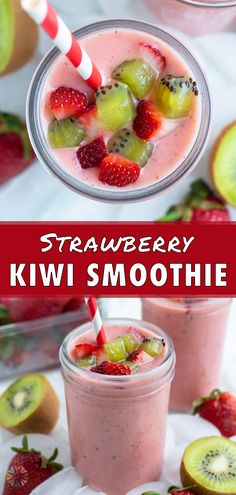 strawberry kiwi smoothie in a glass with strawberries and kiwis