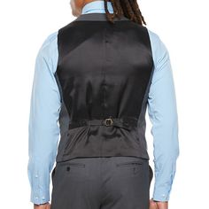 Ideal for wearing over a collared shirt or tee, this slim-fit suit vest from J. Ferrar men's collection is tailored from a stretch woven-blend. It has a button-front closure, front slip pockets, a satin-like back design, and an adjustable d-ring back closure for your perfect fit. Pair it with the coordinating suit jacket and pants for a complete look.Features: Stretch FabricClosure Type: ButtonFit: Slim FitPockets: 2 Front Slip PocketsSleeve Length: SleevelessFiber Content: 66% Polyester, 31% Vi Big And Tall Suit Vest For Black Men, Tailored Vest With Welt Pockets For Business Casual, Fitted Suit Collar Vest For Work, Fitted Vest With Suit Collar For Work, Fitted Vest For Workwear With Flat Front, Fitted Flat Front Vest For Work, Slim Fit Notch Lapel Vest For Workwear, Business Casual Vest With Notch Lapel And Welt Pockets, Tailored Flat Front Vest For Business Casual