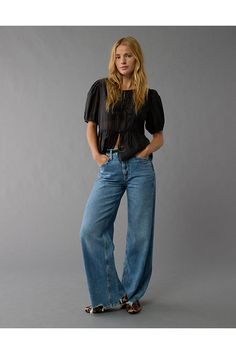 High neck/Ties can be worn in the front or back/Puff sleeves/Flyaway hem Neck Ties, Front Tie Top, Women's Jeans, Puff Sleeves, Neck Tie, Puff Sleeve, American Eagle Outfitters, American Eagle, High Neck