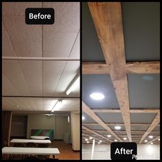 before and after photos of an unfinished ceiling