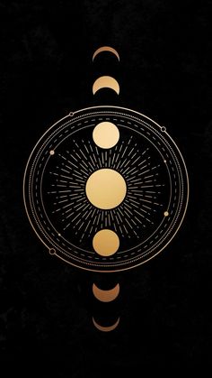 the sun, moon and planets in gold on a black background with a golden border