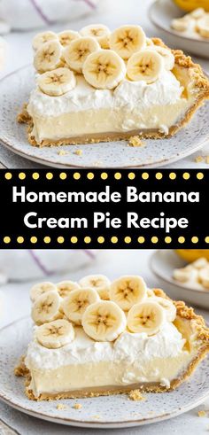 homemade banana cream pie recipe on two plates with bananas in the background and text overlay