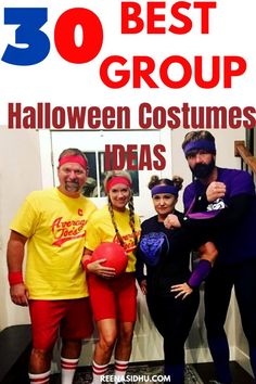 the best group halloween costumes for adults and kids with text overlay that reads 30 best group halloween costumes ideas