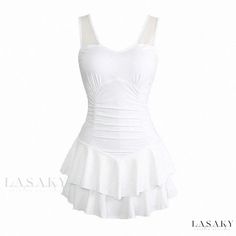 Lasaky - Modest yet Sensuous One-Piece Swimsuit with Figure-Flattering Design and Backless Detail for Spa and Swimwear Fitted Sleeveless One Piece For Beach Season, Stretch Sleeveless Tankini With Ruffles, Stretch Sleeveless Ruffled Tankini, White Ruffled Tankini, White Sleeveless Ruffled Tankini, Sleeveless One Piece With Built-in Bra, White Ruffled One-piece Swimsuit, White Ruffled Tankini For Summer, White Ruffled Tankini For Swimming