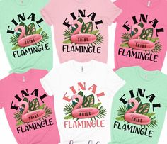 four t - shirts with flamingos and palm leaves on them, all in different colors