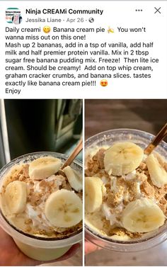 two pictures of banana slices and yogurt in a bowl