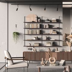 a living room filled with furniture and bookshelves next to a wall mounted book shelf