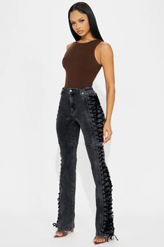 After Hours Lace Up Flare Pant - Black | Fashion Nova Lace Up Pants Outfit, Black Clubbing Outfits, Black Flare Pant, Edgy Street Style, Mexico Outfits, Cutout Pants, Y2k Trousers, Outrageous Fashion, Buckle Pants