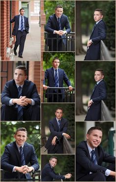 a man in a suit and tie is posing for several different pictures with his hands on his hips