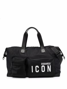 Black/white leather logo-print holdall bag from DSQUARED2 featuring logo print to the front, two zip-fastening pockets, top zip fastening, main compartment and adjustable shoulder strap. | DSQUARED2 Logo-Print Holdall Bag Mens Gym, Holdall Bag, Pocket Top, Leather Logo, Nylon Bag, Aphrodite, Weekender Bag, Travel Luggage, Leather Handle