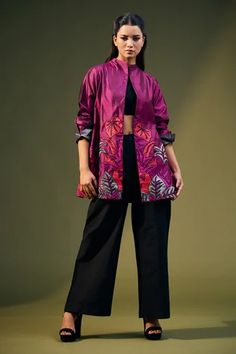 Shop for Taika by Poonam Bhagat Purple Silk Floral Embroidered Jacket for Women Online at Aza Fashions Silk Outerwear With Chikankari Embroidery, Silk Outerwear With Zari Work And Long Sleeves, Silk Outerwear With Intricate Embroidery, Festive Silk Outerwear With Chikankari Embroidery, Silk Nehru Jacket With Floral Embroidery And Long Sleeves, Silk Outerwear With Resham Embroidery For Designer Wear, Embroidered Chanderi Nehru Jacket With Long Sleeves, Designer Chanderi Outerwear With Resham Embroidery, Floral Embroidered Chanderi Nehru Jacket With Long Sleeves