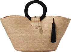 A shopper bag with eye-catching details that include bold circular handles and a cotton tassel accent. Crafted from lightweight flat weave natural palm with cotton details in natural or high-contrast black. High Contrast, Shopper Bag, Pigeon, Flat Weave, Black Cotton, Weaving, Handles, Black