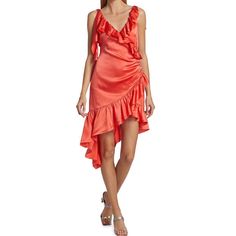 Nwt Manufacture Color Is Neon Coral (Like Orange Pink) This Glamorous Silk Dress Trimmed With Ruffles Gathers At The Hip Creating An Asymmetric Hem. V-Neck Sleeveless Pullover Style Asymmetric Hem 100% Silk Lining: 100% Polyester Dry Clean Imported Size & Fit About 32" From Shoulder To Hem Model Measurements: 5'10" Tall, 32" Bust, 24" Waist, 35" Hips Model Is Wearing A Us Size 4 Y2k, Barbiecore, Pink, Barbie Core Victorian Lace, Summer, Spring, Striped, Retro, 60s, 70s, Boho,Bohemian, Lightweigh Formal Summer Dresses With Draped Design, Spring Draped Silk Mini Dress, Summer Silk Midi Dress With Ruched Detail, Silk Dresses With Asymmetrical Hem For Summer, Spring Cocktail Midi Dress With Draped Design, Silk Draped Dress For Summer, Flirty Ruched Dress With Asymmetrical Hem, Flirty Asymmetrical Hem Ruched Dresses, Summer Formal Draped Midi Dress