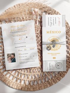 Craft your own fiesta-worthy celebration with this complete Mexican Passport wedding invitation set! Design your invitations with our easy-to-use Canva templates, featuring the passport front and back, inside pages, an extra guest enclosure card, a charming tag, and a unique boarding pass.  These stylish invitations fit perfectly inside #9 envelopes (US/Canada) or DL size envelopes (UK, Australia/New Zealand).   Kickstart your wedding planning with coordinating items: https://etsy.me/2OzriAD   ♥ PRINTING ♥    Simplify the process and save on printing costs! Access our curated list of trusted printing websites.     .#WeddingInvitations #DIYWedding #WeddingStationery #WeddingInspiration #WeddingPlanning Travel Theme Wedding Stationery, Destination Wedding Invitation Ideas, Destination Wedding Invites, Mexico Wedding Destination, Passport Invitations Wedding, Mexican Passport, Wedding Invitations Passport, Mexico Wedding Invitations, Destination Wedding Invitations Mexico