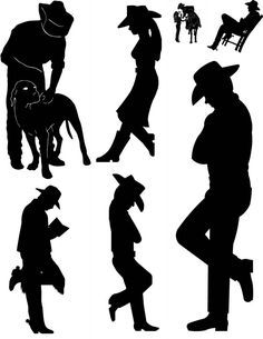 the silhouettes of people and dogs are shown in different poses, including one with a cowboy