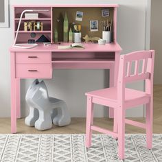 a pink desk and chair in front of a white wall