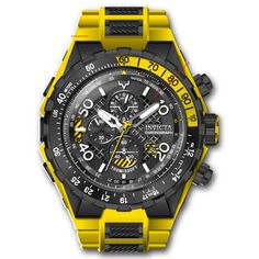 This beautiful Invicta Aviator watch contains a precise Quartz movement in addition to black case. Its face displays a black , metal dial protected by a highly resistant Flame Fusion Crystal. This timepiece is completed by a yellow, black , silicone, stainless steel, cable band and it offers water resistance of up to 100 m. Invicta Aviator has been cleared for takeoff. Ready to roll with full throttle, carrying designs honoring aeronautical graphic history, each timepiece is a delicate machine w Black Digital Watch With Chronometer, Yellow Chronograph Watch With Tachymeter, Black Chronograph Watch With Skeleton Dial For Outdoor, Outdoor Black Chronograph Watch With Skeleton Dial, Yellow Watch With Tachymeter And Round Dial, Best Watches, Aviator Watch, Best Watches For Men, Full Throttle