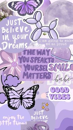 a collage of purple and white images with words, butterflies, and flowers on them