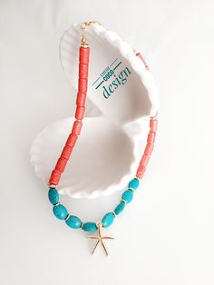 Elevate your style and connect with the soothing energies of the sea with our exquisite Red Coral and Turquoise Natural Stone Necklace. Red Coral, with its vibrant red hue, symbolizes passion and vitality. It is believed to promote courage and inner strength. This unique cylindrical coral pendant adds a bold and distinctive touch to your look. Turquoise, in its beautiful drop shape, is known for its calming and protective properties. It is said to enhance communication and self-expression while promoting a sense of tranquility. The combination of these two natural stones creates a harmonious blend of energy and style. Wear this necklace as a statement piece for special occasions or as an everyday reminder of the ocean's serenity. It's a perfect gift for yourself or a loved one who apprecia Ocean-inspired Colorful Bead Necklaces For Gifts, Ocean-inspired Colorful Beads Necklace For Gift, Ocean-inspired Colorful Beads Necklace Gift, Gift Ocean-inspired Colorful Beads Necklace, Colorful Starfish Beads Jewelry For Vacation, Colorful Beaded Starfish Jewelry For Vacation, Multicolor Starfish Necklace As Gift, Vacation Jewelry With Colorful Starfish Beads, Ocean-inspired Colorful Beaded Necklace For Gifts