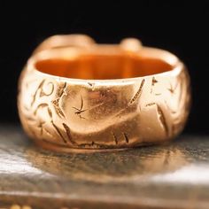 For Sale on 1stDibs - Year: 1890s Item Details: Ring Size: 6 (Sizable) Metal Type: 18k yellow gold [Hallmarked, and Tested] Weight: 11.7 grams Band Width: 9 mm Condition: Excellent