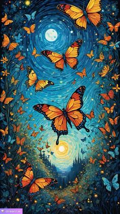 butterflies flying in the night sky