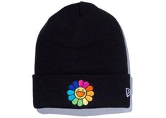 Takashi Murakami Flower, Ny Cap, New Era Beanie, Flower Beanie, Murakami Flower, Streetwear Hats, Navy Cap, New Era Logo, Beanie Black