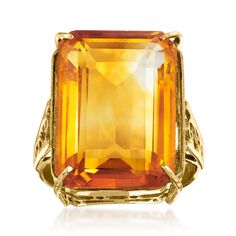 Ross-Simons - C. 1990 Vintage 11.50ct Citrine Ring in 14kt Yellow Gold. Size 6.25. C. 1990. Featuring a sizable 11.50 carat citrine, this ring from our Estate collection will not go unnoticed! Emitting unique glow, the rectangular emerald-cut gem will grace every one of your outfits with a bit of sunshine. Note the elegant openwork adorning the subtly tapered band. Finely crafted in 14kt yellow gold. 3/4" wide. Citrine ring. Exclusive, one-of-a-kind Estate Jewelry. Citrine birthstones are the pe Citrine Birthstone, November Birthday, Will And Grace, Citrine Ring, Emerald Cut, Estate Jewelry, Citrine, 50 %, Jewelry Rings