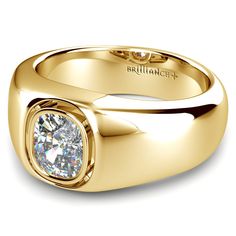 The strength of Atlas supports the sparkling symbol of your love, a bezel set cushion solitaire diamond weighing 1 1/2 carats, on a wide top yellow gold band for a dramatic look. Mangagement by Brilliance. Antique Mens Rings, Mens Gold Diamond Rings, Mens Engagement Rings Diamond, Gold Band Engagement Rings, Cushion Solitaire, Gents Ring, Gold Diamond Engagement Ring, Diamond Rings Design, Mens Gold Rings